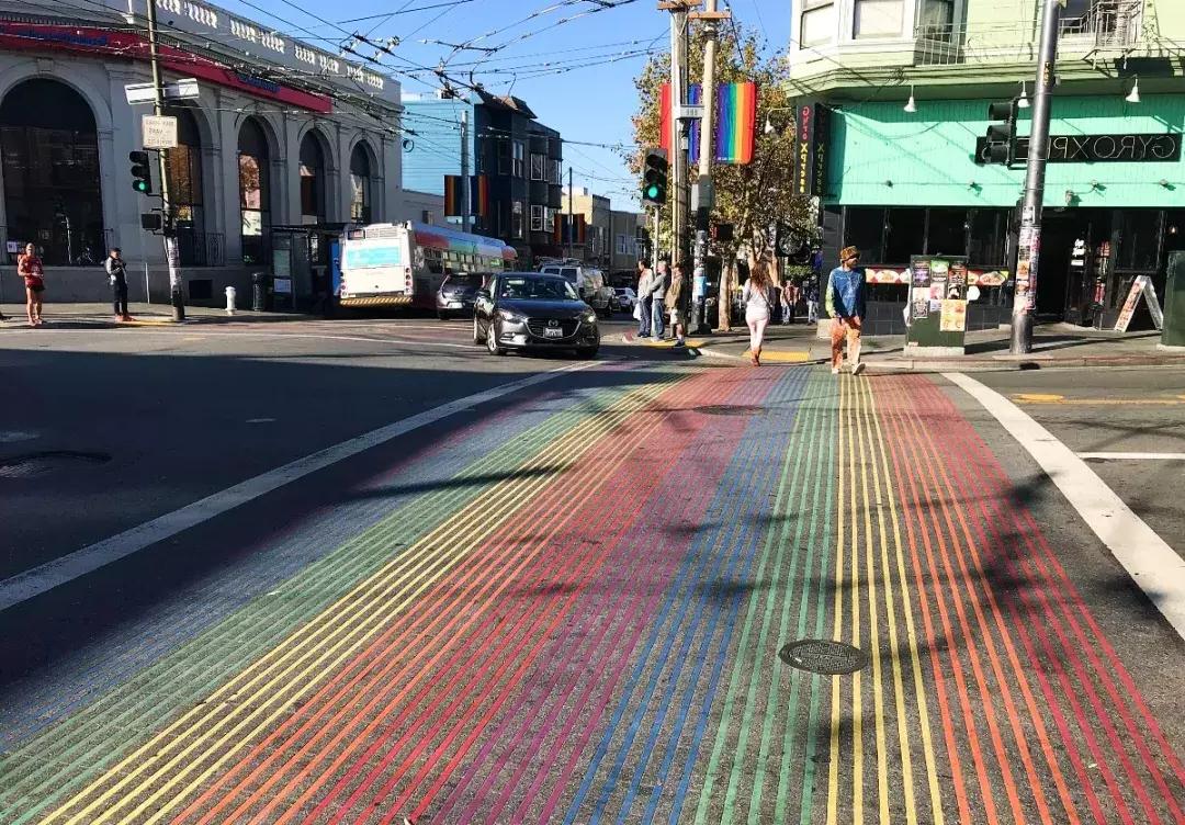 The Castro’s distinctive rainbow crosswalks.