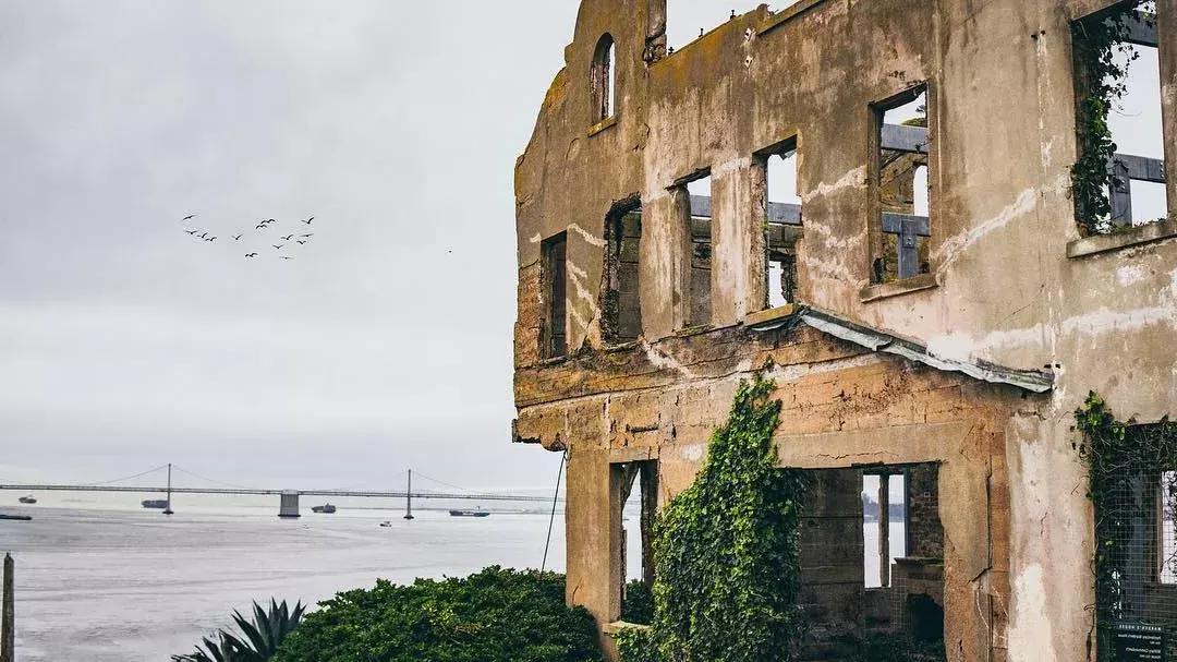 view from older, roofless building on Alcatraz island